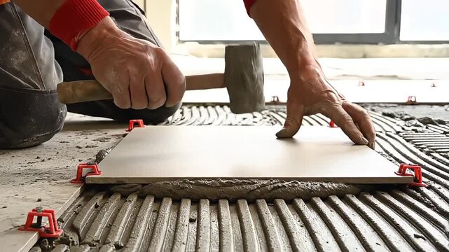 Worker laying ceramic tile on floor with adhesive and spacers.