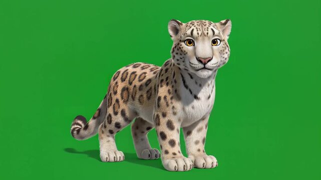 A 3D illustration of a leopard cub standing on a greenscreen background, showcasing its fur and facial expression from a front viewpoint.