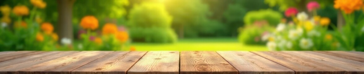 Empty wooden table in vibrant summer backyard, mockup, occasion