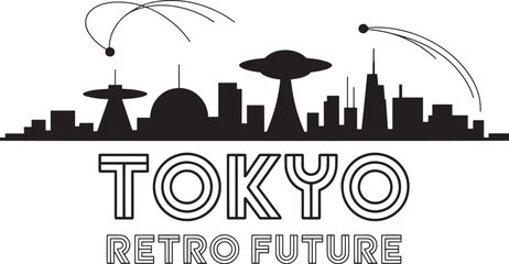 Retro future Tokyo city skyline silhouette with futuristic buildings and flying saucers © MDSHOFIQUL