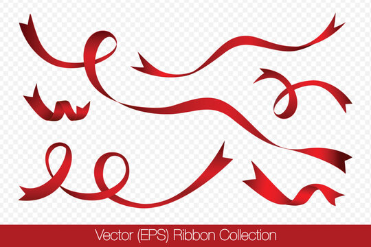 Realistic set of red ribbons isolated on a transparent background, featuring curved ribbons in different lengths, twists, and shapes. Vector illustration for holiday decorations and graphic project