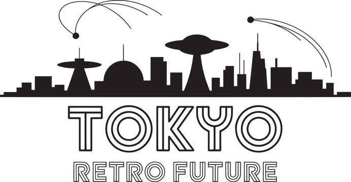 Retro future Tokyo city skyline silhouette with futuristic buildings and flying saucers