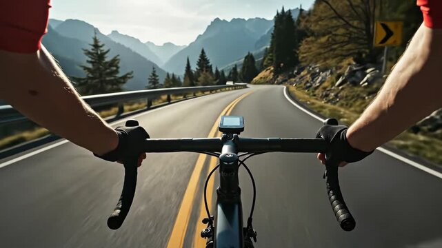 POV of a cyclist riding a road bike on a winding mountain road. First-person perspective of cycling through a scenic alpine landscape. Outdoor fitness and adventure concept