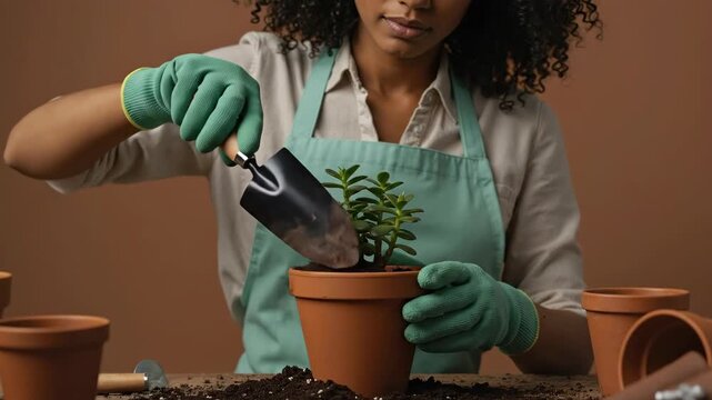 Woman repotting a succulent plant in a terracotta pot. African American female gardener using a trowel to add soil. Indoor gardening and plant care concept