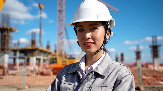 Empowered on Site: A confident female construction worker stands tall at a bustling construction site, embodying competence and leadership within the dynamic world of engineering.