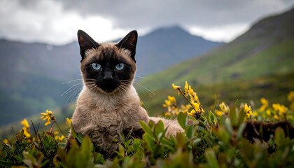 Siamese Cat Relaxing in a Field of Yellow Flowers with Mountains in the Background.