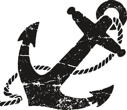 Vintage nautical anchor with rope distressed design silhouette in black