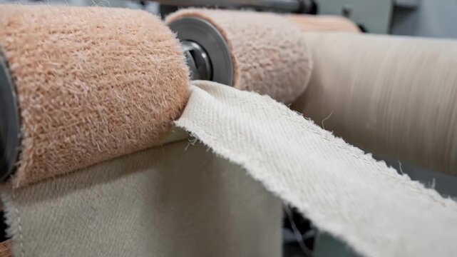 Closeup medium frame showing twill fabric undergoing peach finish sueding with abrasive rollers raising the surface nap for a tactile feel.