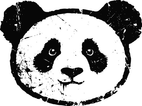 Grunge panda face illustration with distressed textured design on white background