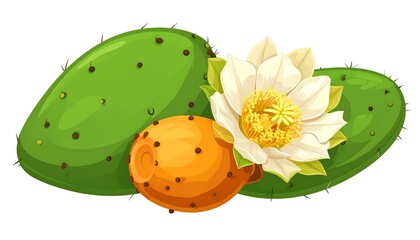 Prickly Pear Cactus Fruit and Flower Illustration.