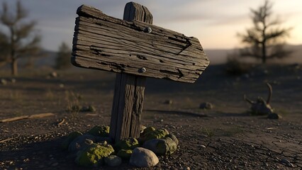 A weathered wooden signpost standing alone in a desolate, rugged landscape at dusk illustration