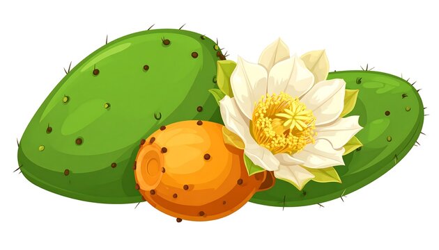 Prickly Pear Cactus Fruit and Flower Illustration.