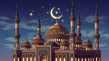 Majestic mosque illuminated under a starry night sky with a crescent moon illustration