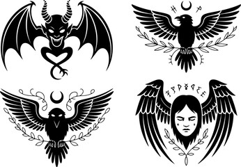 Obraz premium Tribal Animal Silhouette Tattoo Vector Bundle – Eagle Bear Wolf Snake Panther Black Graphic Set