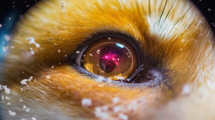 Fototapeta premium Close-up view of a fox's eye displaying rich colors and reflections, with snowflakes gently resting on the fur in a winter environment