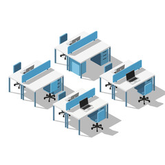 Obraz premium Isometric Office Workstations Setup with Desks, Chairs, and Laptops on White Background