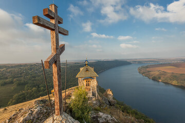Breathtaking panoramic view of the Dniester River and Shyshkovi Horby hills in Nagoryany, Ukraine. High angle aerial view of the picturesque Dniester canyon with unique limestone rock formations .