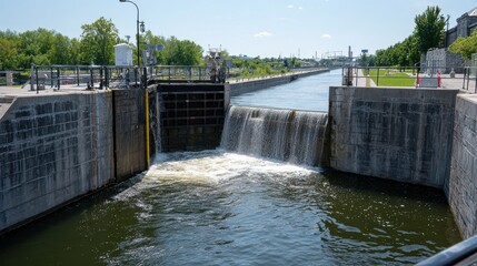 Obraz premium Water flowing through a canal lock system on a sunny day