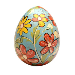 Fototapeta premium A colorful, hand-painted Easter egg with floral patterns on a blue background.