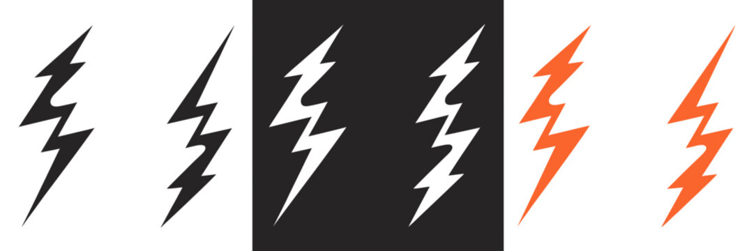Set of six lightning bolt icons in black, white, and orange on contrasting backgrounds