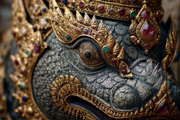 A close-up view of an intricately designed sculpture featuring ornate golden details and colorful gemstones, depicting a mythical creature.