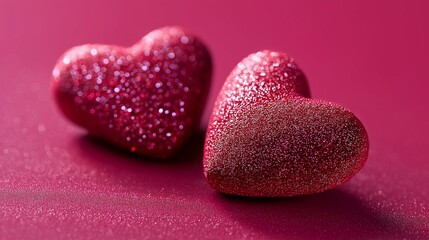 Obraz premium Zwei rote Herzen mit Glitzeroberfläche auf rotem Hintergrund symbolisieren Liebe und Romantik