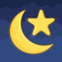 Ramadan kareem greeting card. eid mubarak greeting cartoon illustration vector. moon and star ramadan