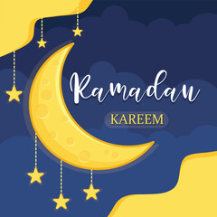Ramadan kareem greeting card. eid mubarak greeting cartoon illustration vector. moon and star ramadan