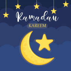 Ramadan kareem greeting card. eid mubarak greeting cartoon illustration vector. moon and star ramadan