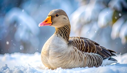 A solitary greylag goose rests peacefully in a snowy winter landscape.