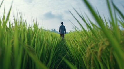 Fototapeta premium Person walks through a green rice field in the morning light near a farm on a sunny day