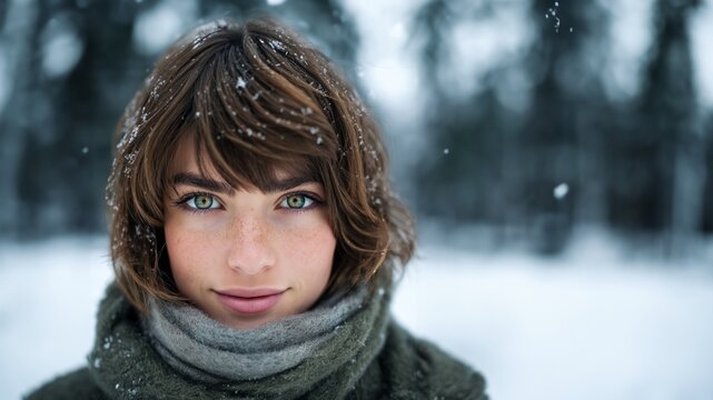 Junge Frau mit Schal im winterlichen Schneefall blickt vertr&auml;umt in die Kamera