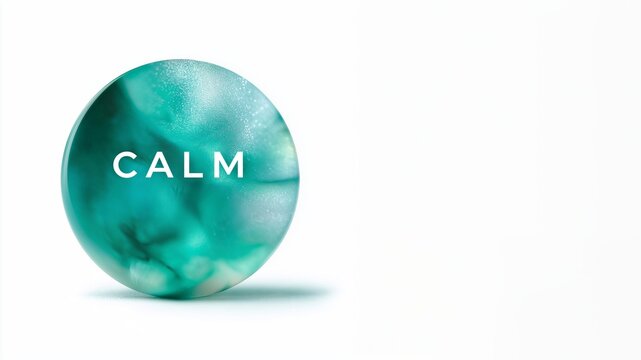 T&uuml;rkise Glaskugel mit dem Schriftzug CALM auf wei&szlig;em Hintergrund symbolisiert Ruhe und Gelassenheit