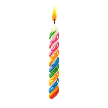 A single birthday candle with a rainbow-colored spiral design on a white background.