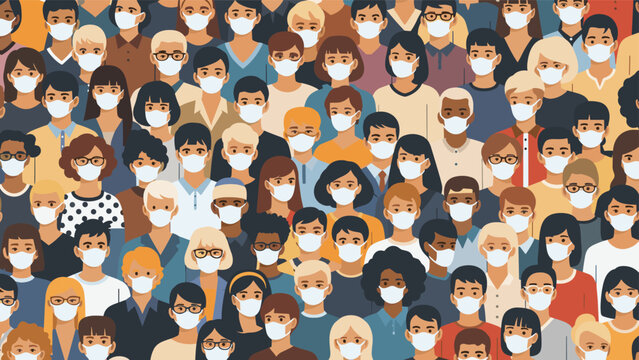 Diverse crowd of people from various backgrounds wearing protective face masks for health safety and pandemic awareness.
