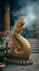 Fototapeta premium A majestic golden naga statue with intricate designs, surrounded by smoke, symbolizes protection and spirituality in a serene temple setting.