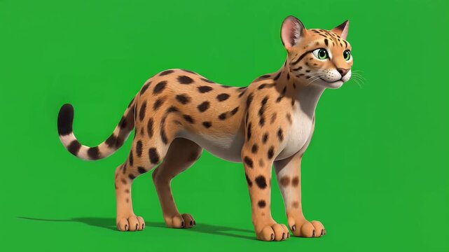 A 3D rendering of a leopard standing on all fours facing right on a Greenscreen background