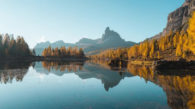 Alpine landscape of Lago di Federa with Croda da lago mountain and yellow larch forest in autumn at Dolomites, Italy
