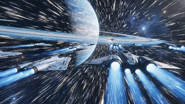 Futuristic Spacecraft Armada Jumps to Hyperspace Near a Gas Giant.