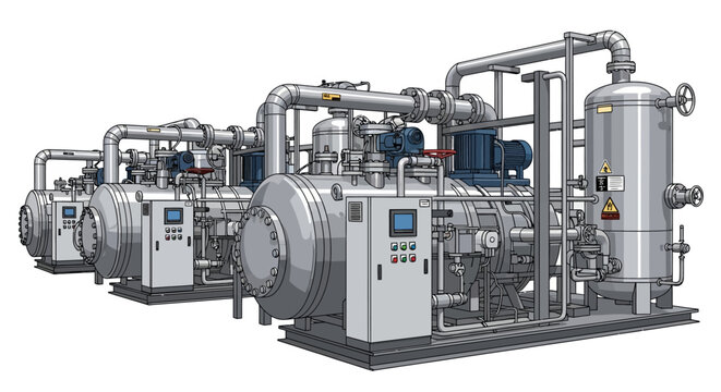 Industrial refrigeration system with multiple screw compressors and piping, showcasing advanced engineering and complex machinery.