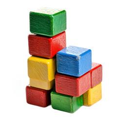 A colorful stack of wooden blocks on a white background.