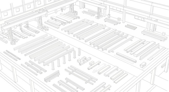 An overhead sketch of a factory floor filled with neatly arranged metal beams and industrial equipment.