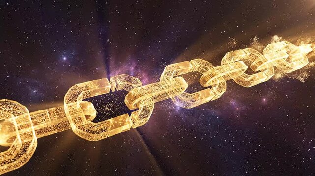 Golden blockchain links forming secure digital chain | Cryptocurrency and fintech technology background footage, 6K seamless loop