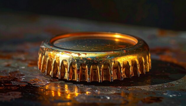 Shiny Gold Ring with Textured Teeth Resting on Wet Surface