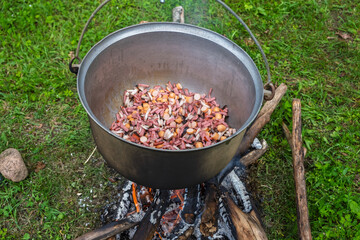 Chopped meat frying in outdoor campfire pot