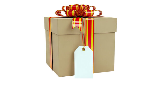 Gift Box with Red and Yellow Ribbon and Blank Tag