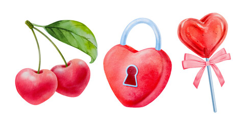 Set of hand drawn elements for Valentines day, cherry, heart shaped candy, heart shaped lock, a cute hand drawn watercolor illustration for Valentine's Day.