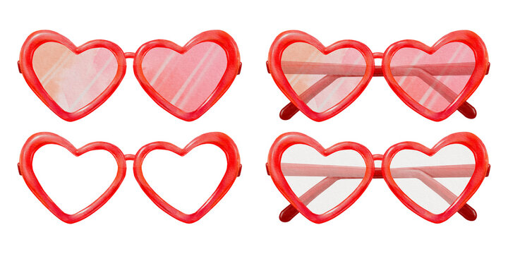 Set of hand painted heart shaped glasses, love glasses, a cute hand drawn watercolor illustration for Valentine's Day.