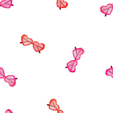 Seamless pattern for Valentines day, hand painted red and pink heart shaped glasses, love glasses a cute hand drawn watercolor illustration for Valentine's Day on white background.