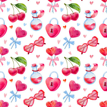 Seamless pattern for Valentines day, cherry, heart shaped candy, heart shaped lock, a cute hand drawn watercolor illustration for Valentine's Day on white background..